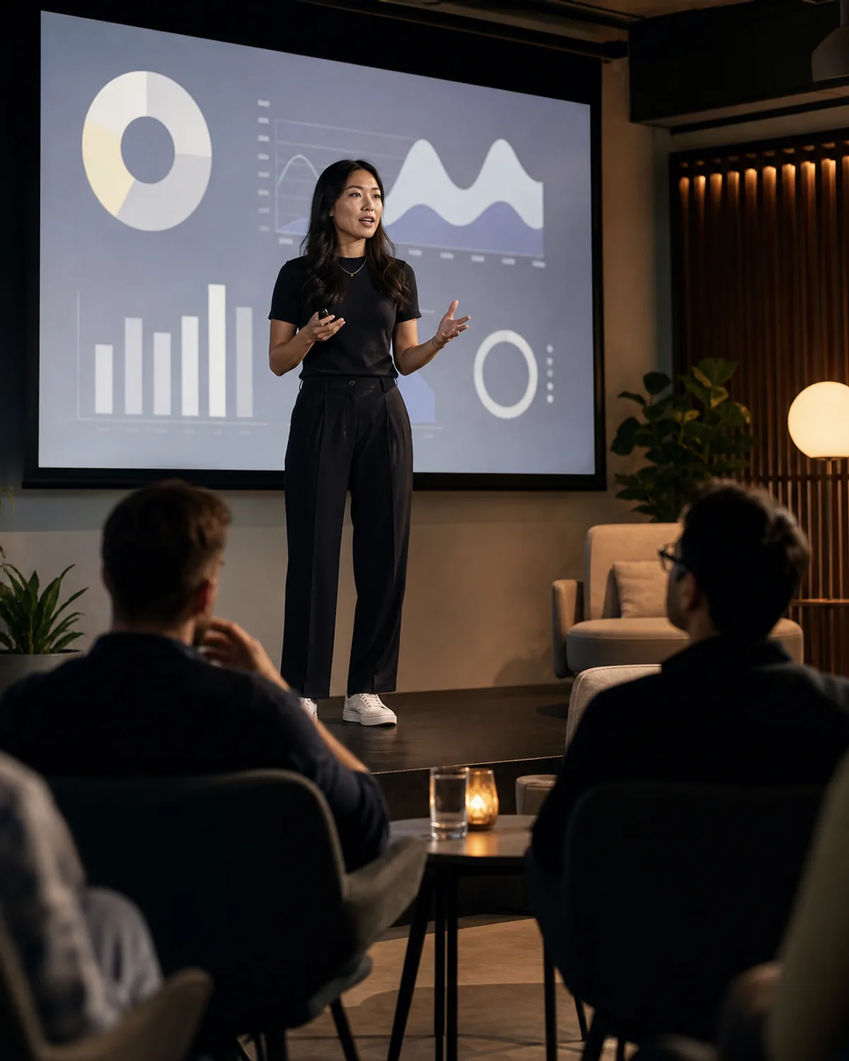 Founder presenting a startup pitch to investors and experts